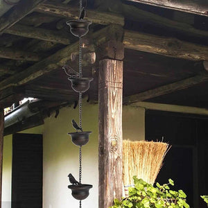 Where Rain Meets Art – Decorative Rain Chain with Bird Bath Design