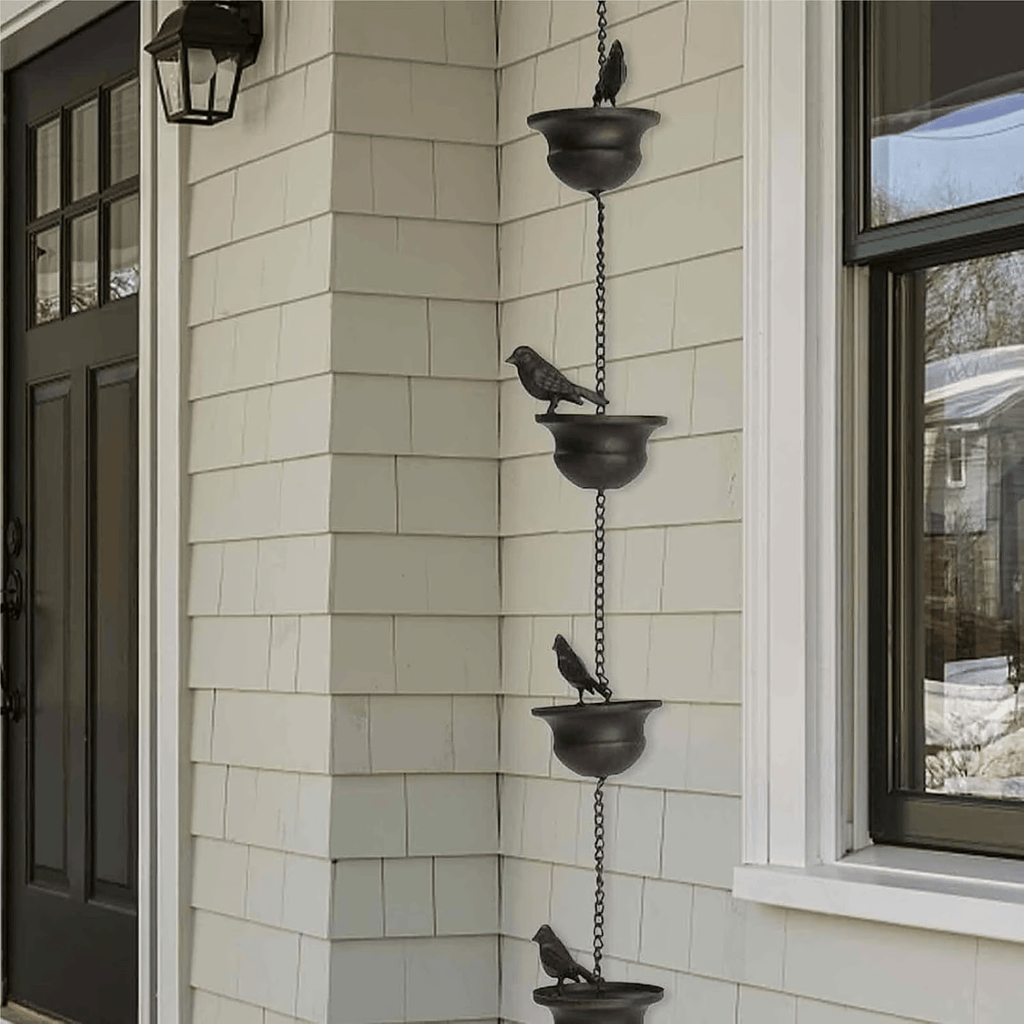 Where Rain Meets Art – Decorative Rain Chain with Bird Bath Design